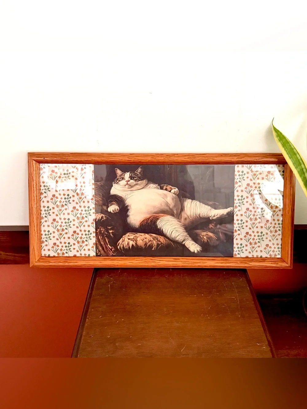 Fat Cat Quirky Canvas Art Print Floral Border Wood Framed Weird Wall Hang Art